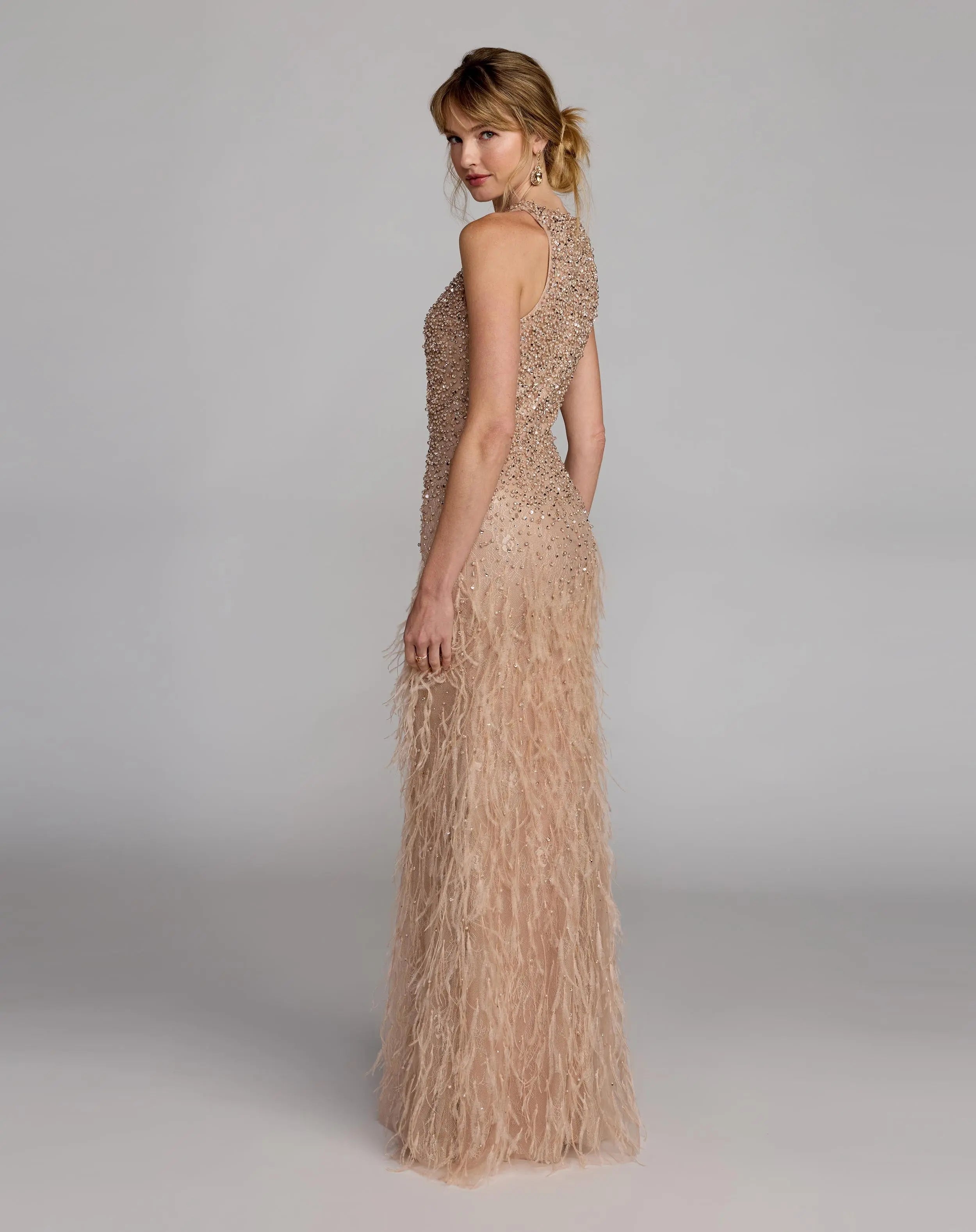 Beige Embellished Lace Sleeveless Feather Gown