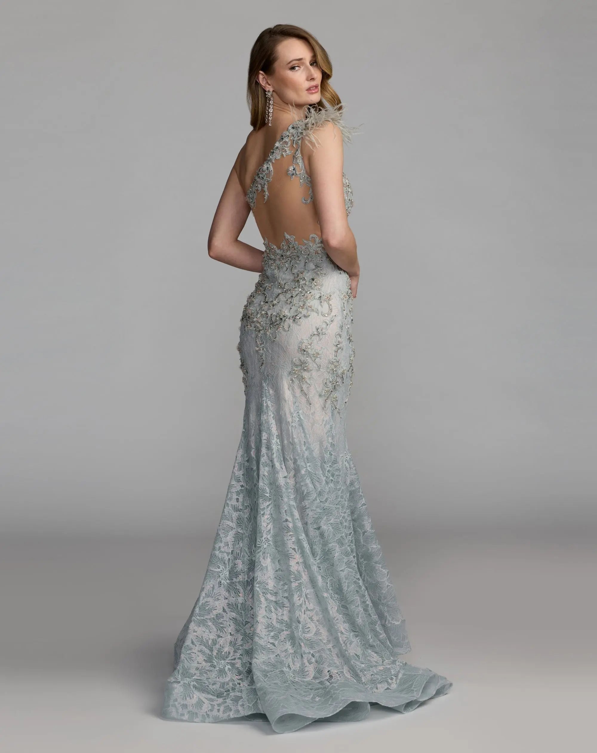 Blue Embellished Lace One Shoulder Gown With Feather Detail