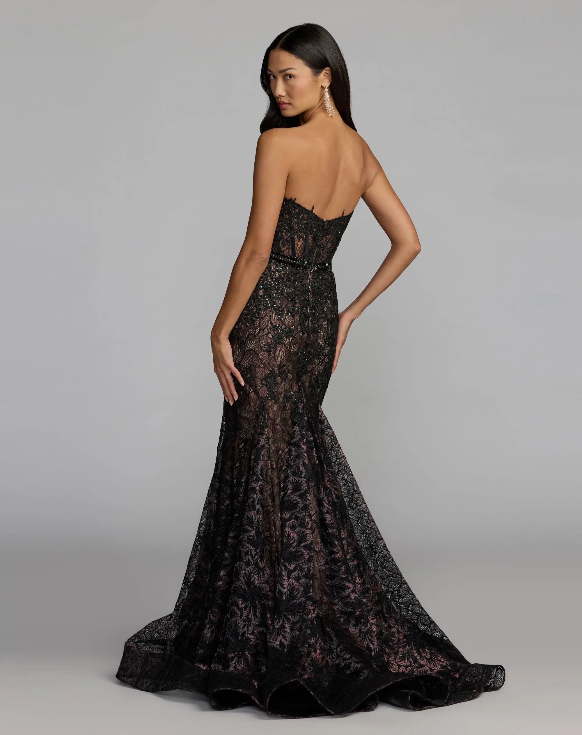 Black Embellished Lace Strapless Trumpet Gown