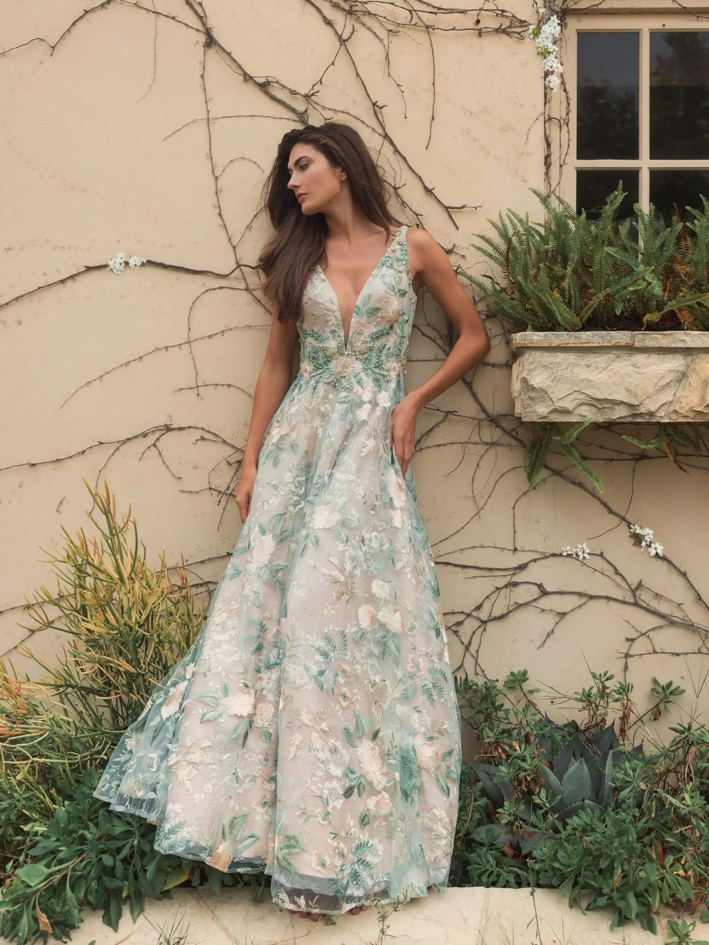 Multicolor Floral Embroidered Illusion V-Neck Gown