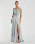 Blue Embellished Chiffon Cap Sleeve A-Line Gown