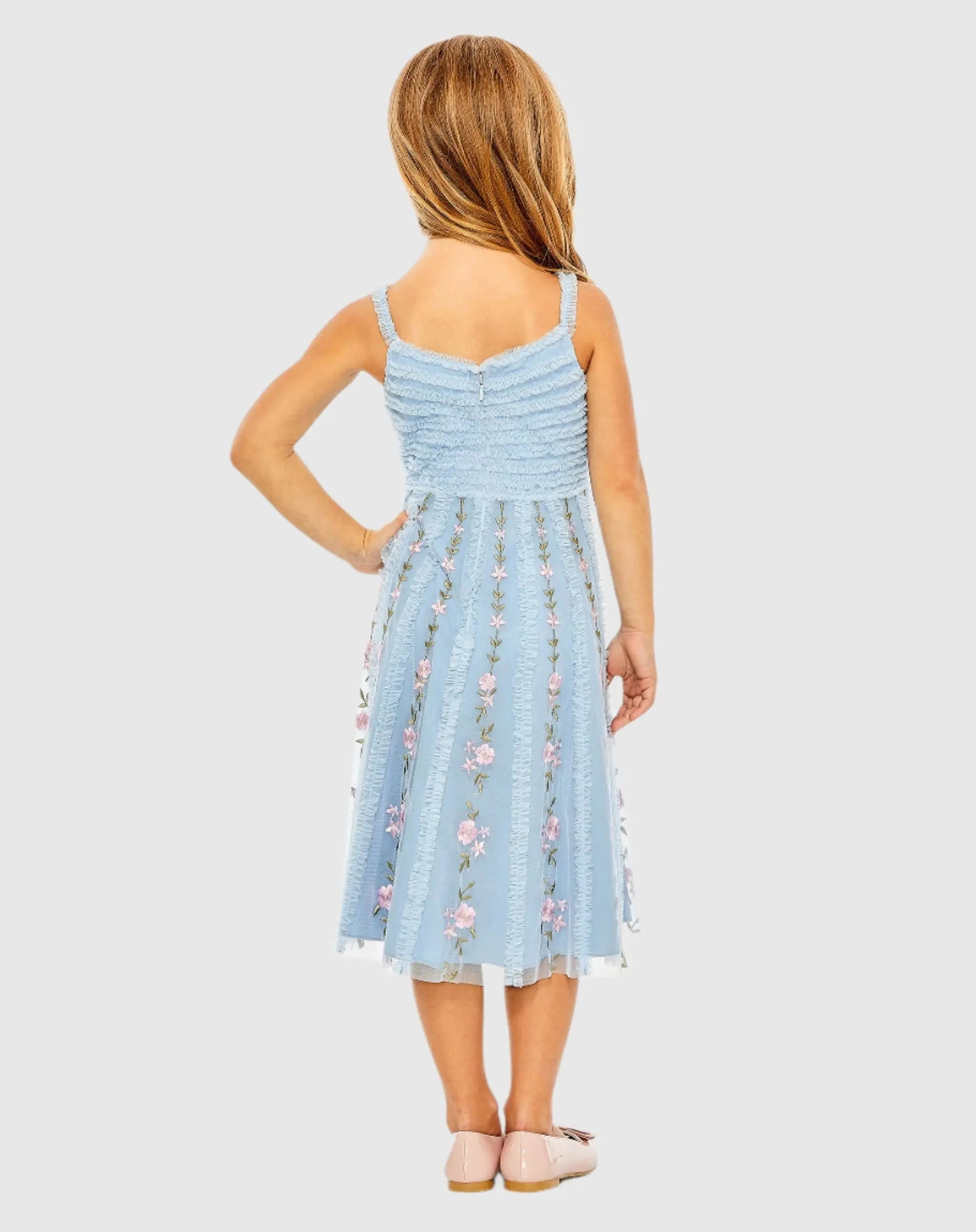 Girls Light Blue Ruffle Floral Embroidered Detail Mini Dress