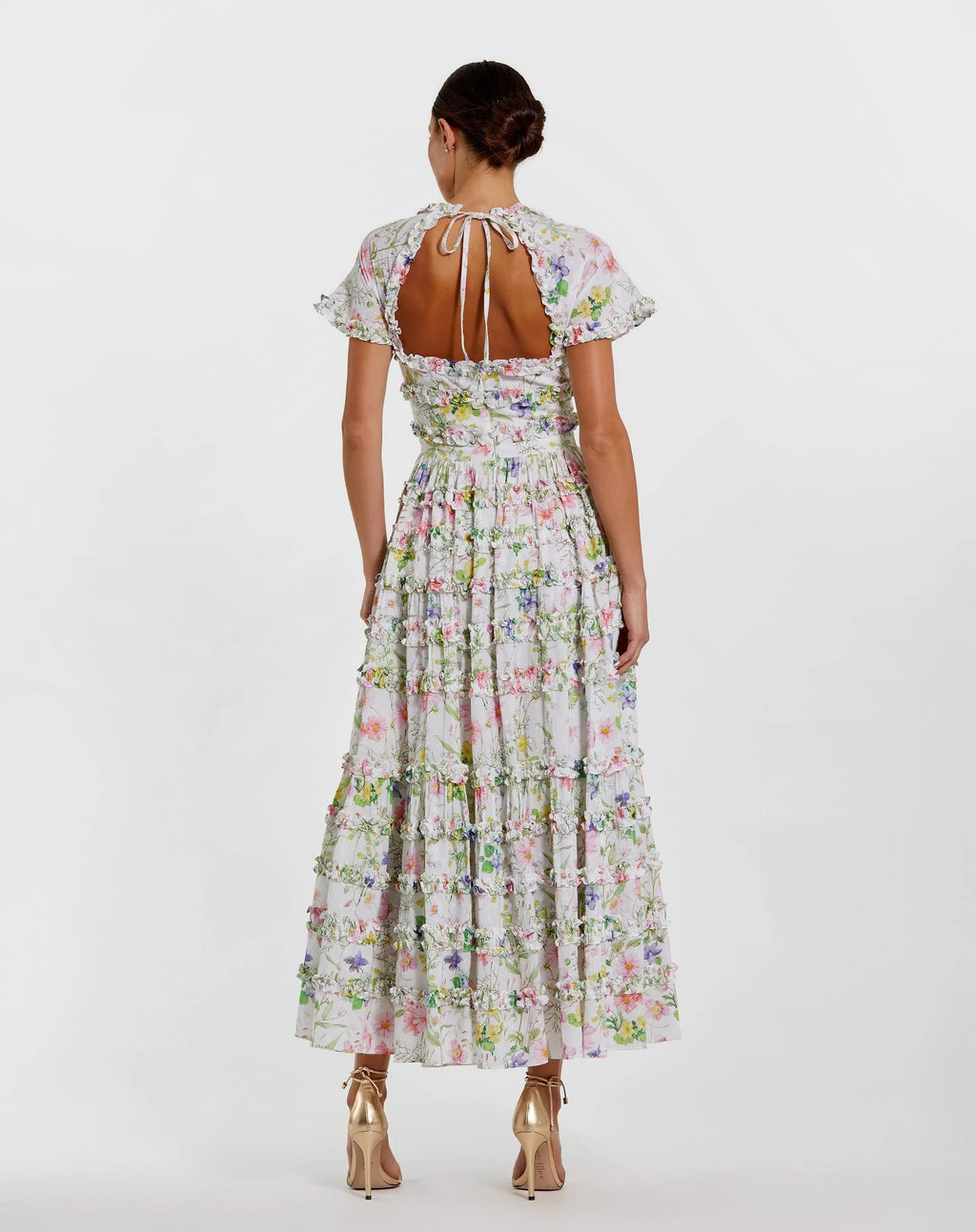 White Floral Ruffle Cotton Midi Dress