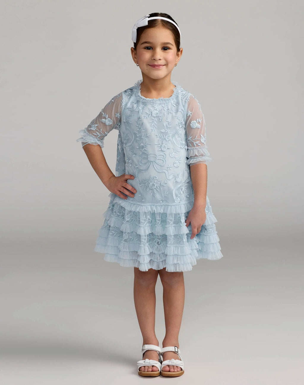 Girls Blue Micro Ruffle Embroidered Mini Dress