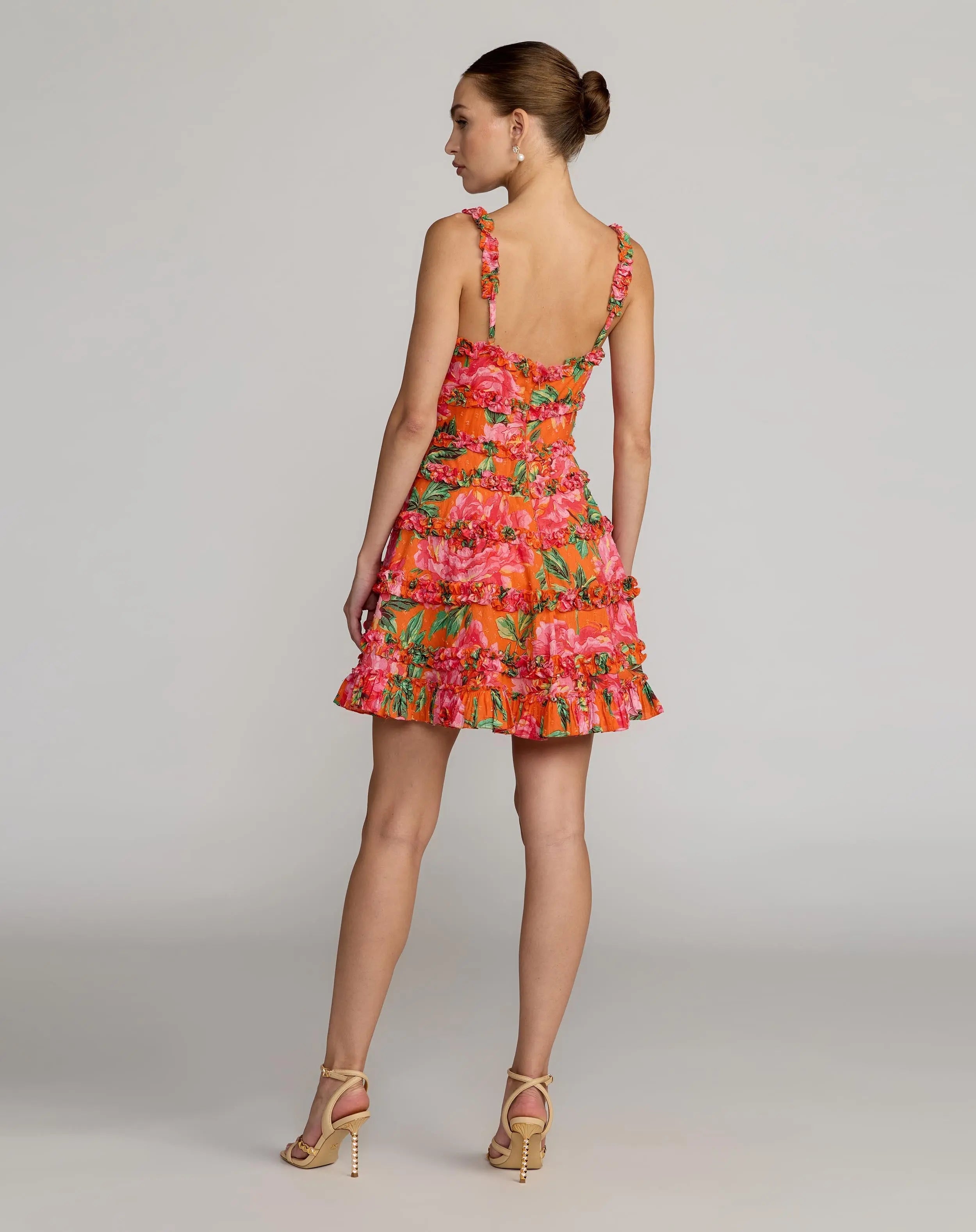 Orange Floral Square Neck Ruffled Cotton Mini Dress
