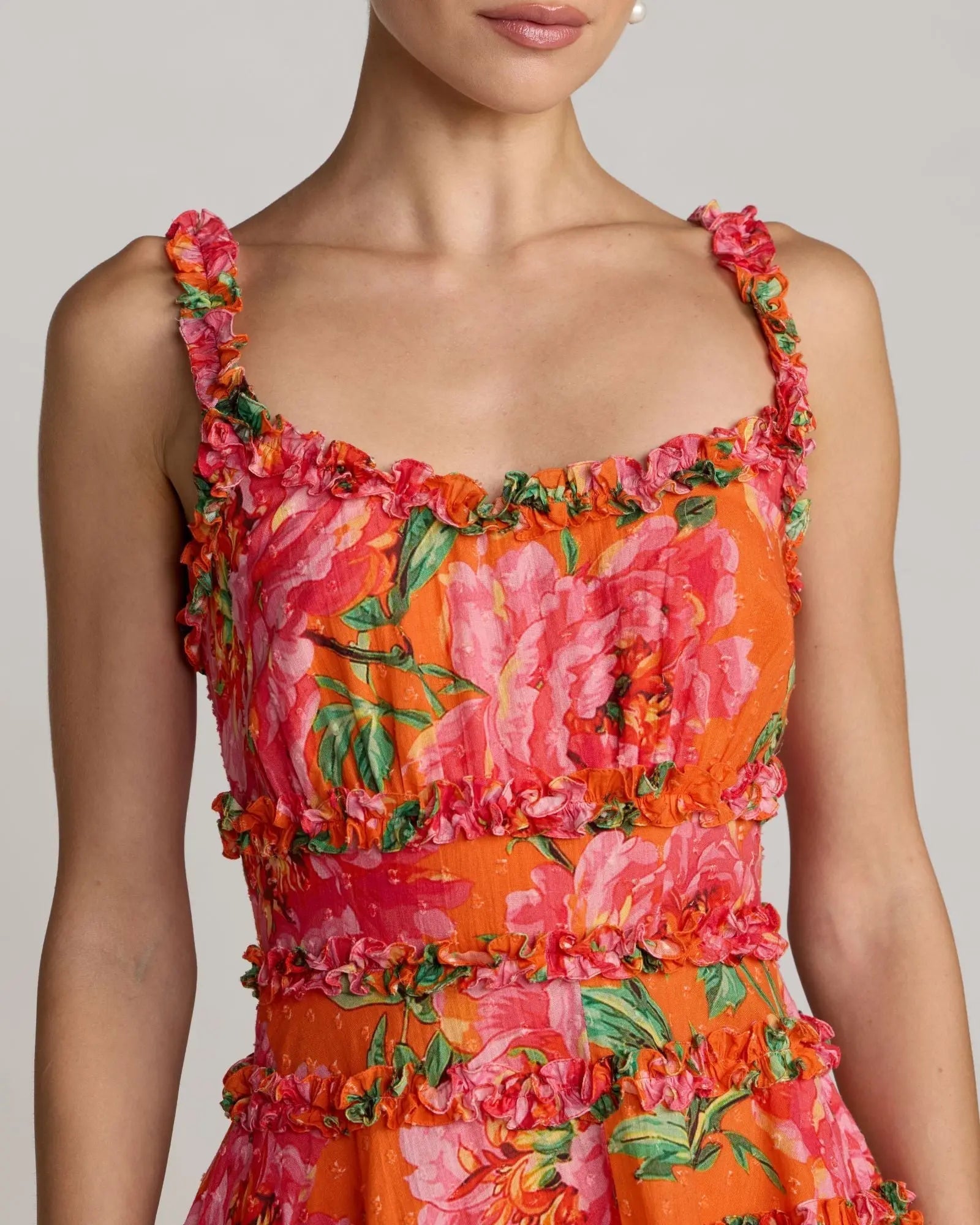 Orange Floral Square Neck Ruffled Cotton Mini Dress