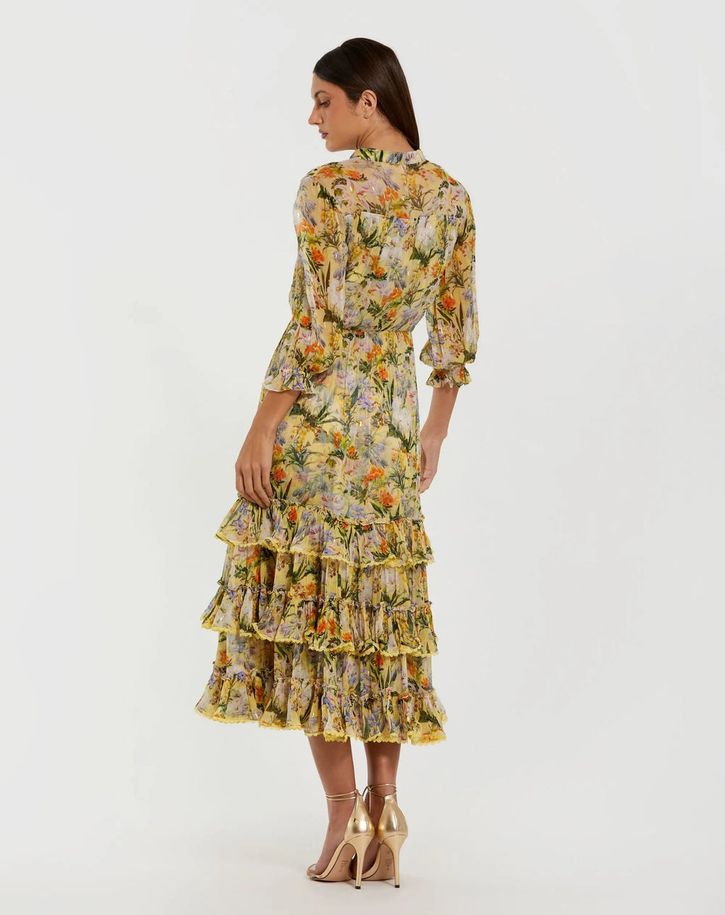 Yellow Floral V Neck Ruffle Midi Dress With 3/4 Sleeves