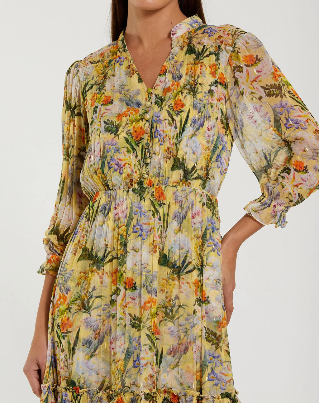 Yellow Floral V Neck Ruffle Midi Dress With 3/4 Sleeves