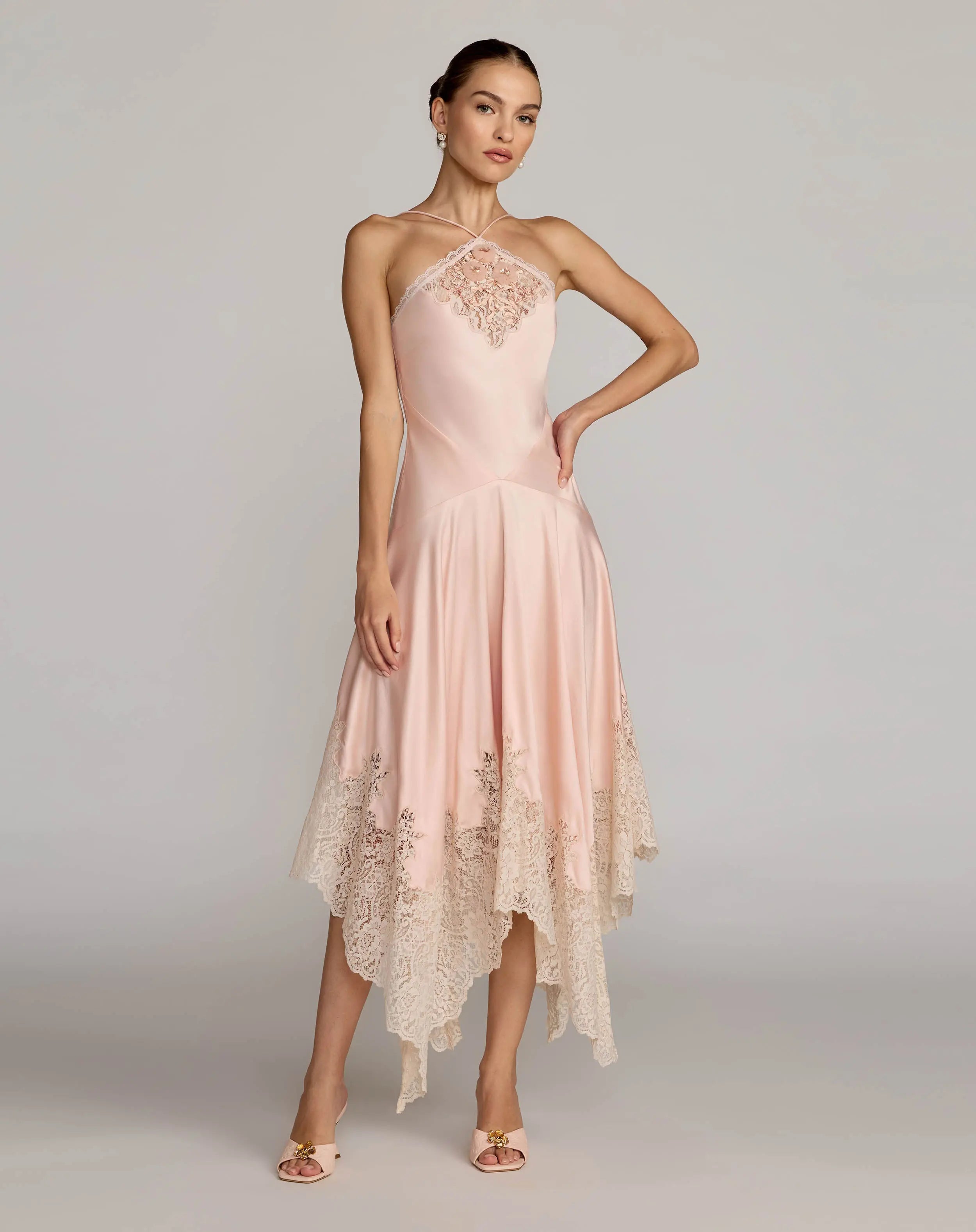 Light Pink Lace Trim Handkerchief Midi Dress