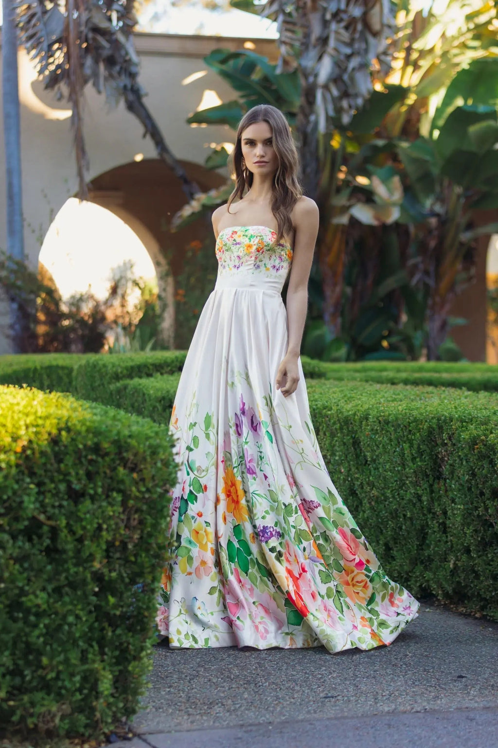 White Floral Print Strapless Satin A Line Gown With Pockets