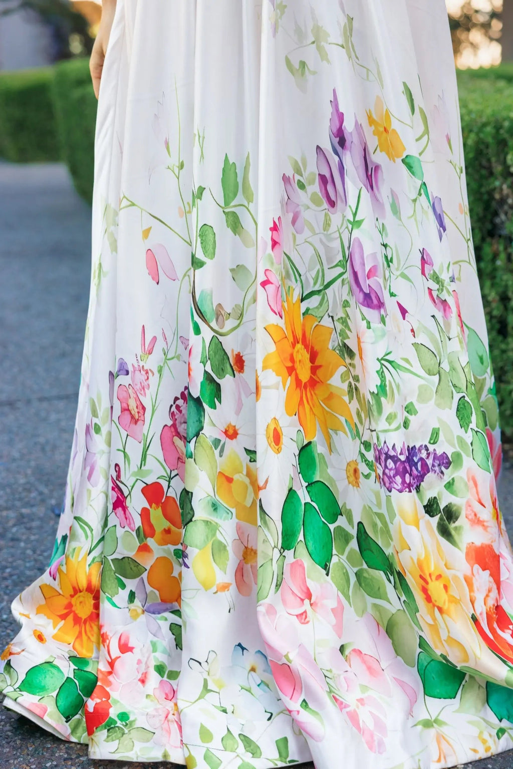 White Floral Print Strapless Satin A Line Gown With Pockets
