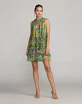 Green Printed Sleeveless High Neck Ruffle Mini Dress