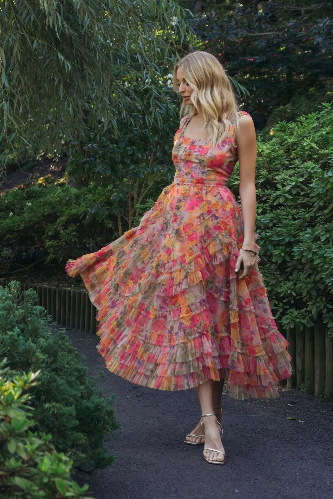 Multicolor Floral Scoop Neck A-Line Ruffle Midi Dress