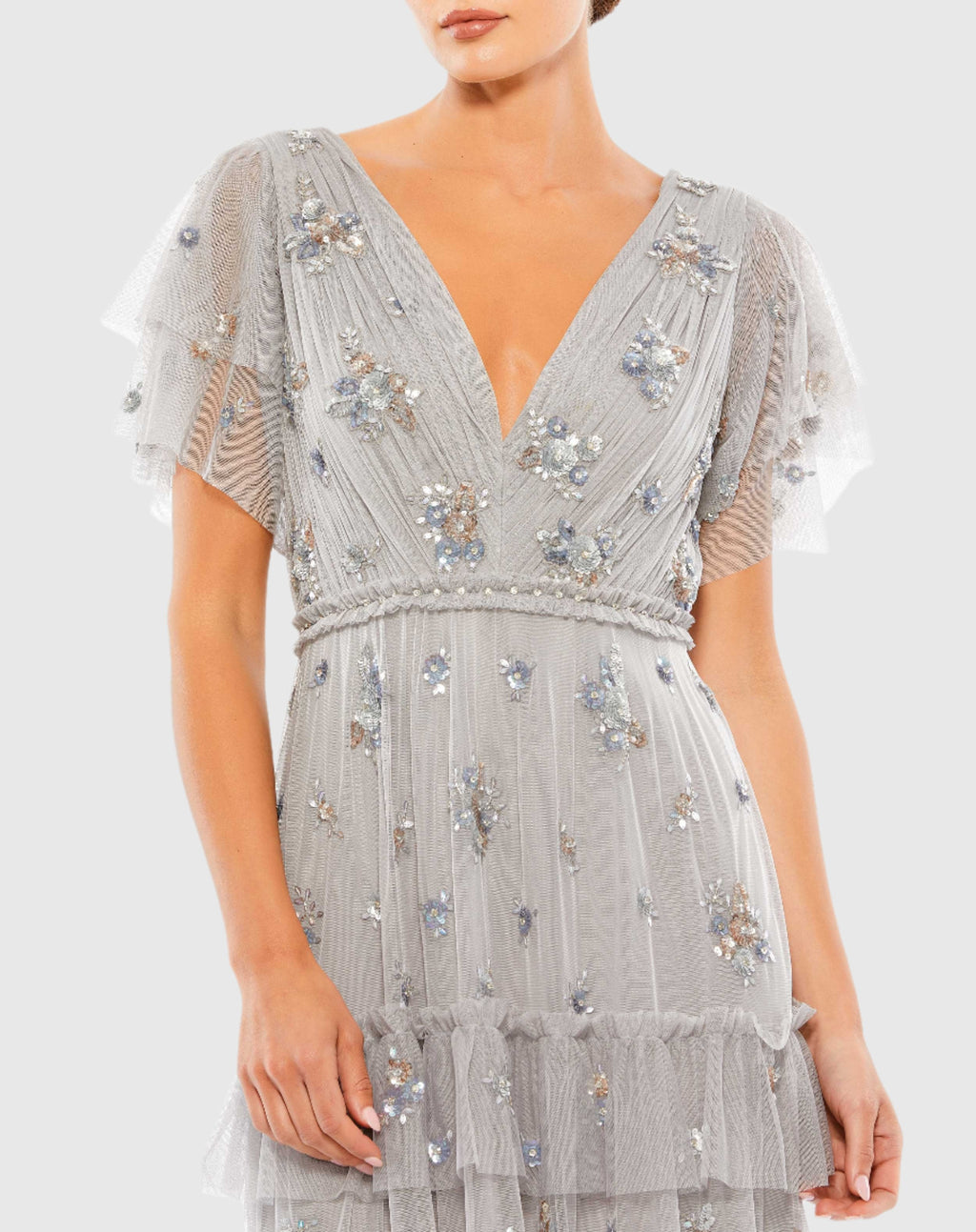 Gray Ruffle Tiered Embellished Flutter Sleeve Gown
