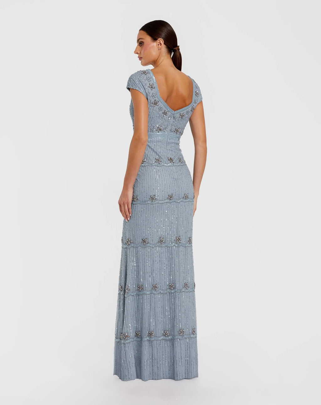 Blue Sequin Cap Sleeve Sweetheart Column Gown