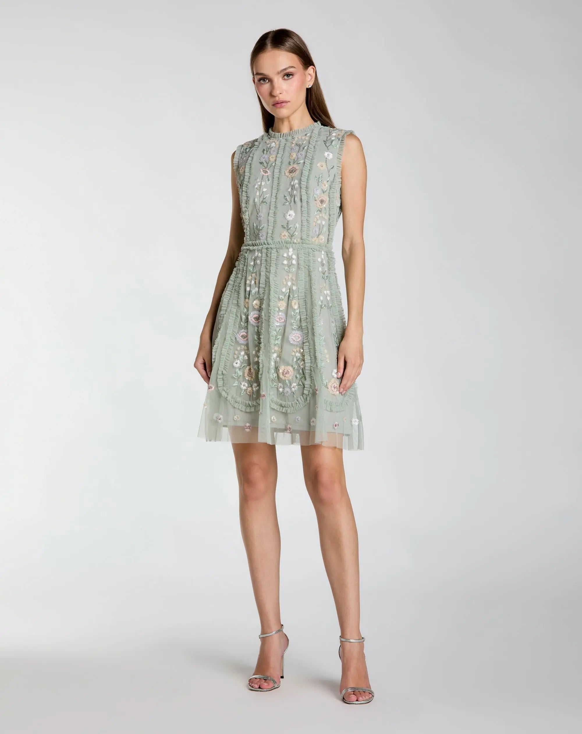 Green Sleeveless High Neck Embroidered Mini Dress