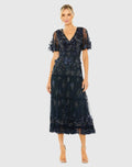 Navy Floral Embellished Flutter Sleeve Dress