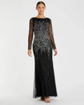 Black Boat Neck Sequin Embellished Long Sleeve A Line Gown