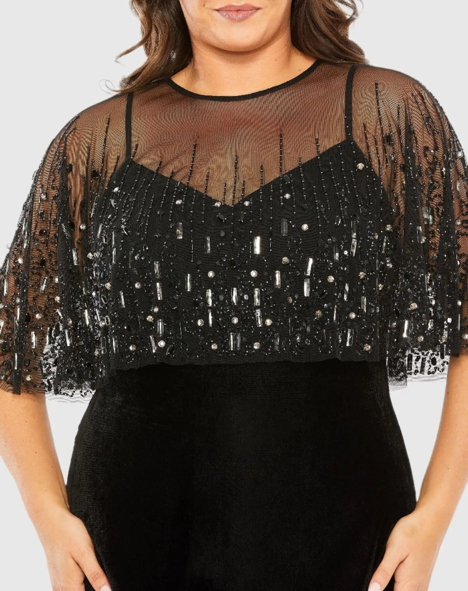 Black Velvet Trumpet Gown With Embellished Cape (Plus)