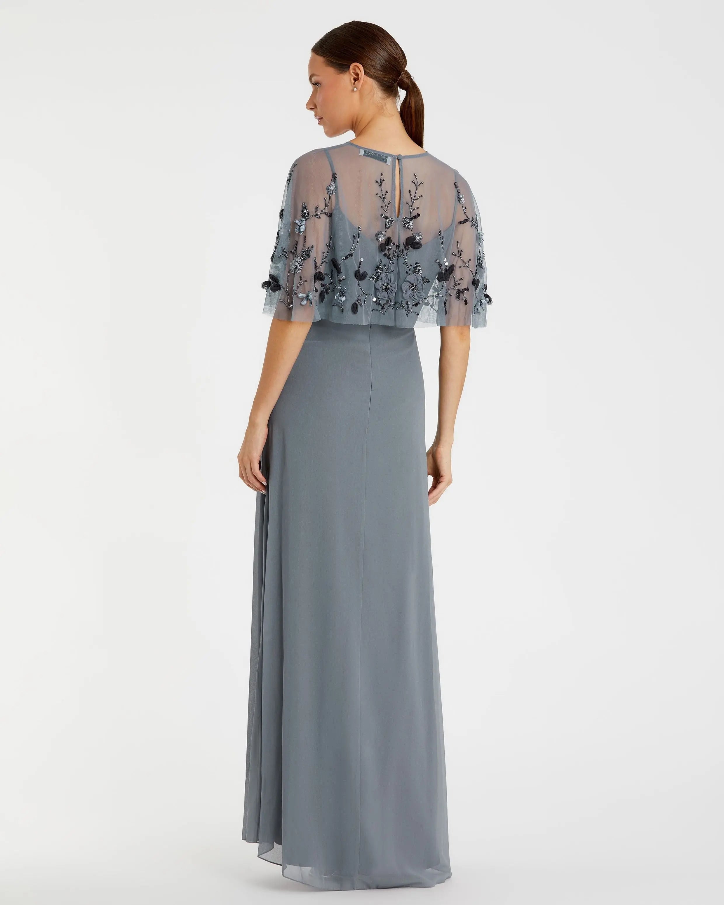 Gray Sleeveless Gown With Embellished Cape - FINAL SALE