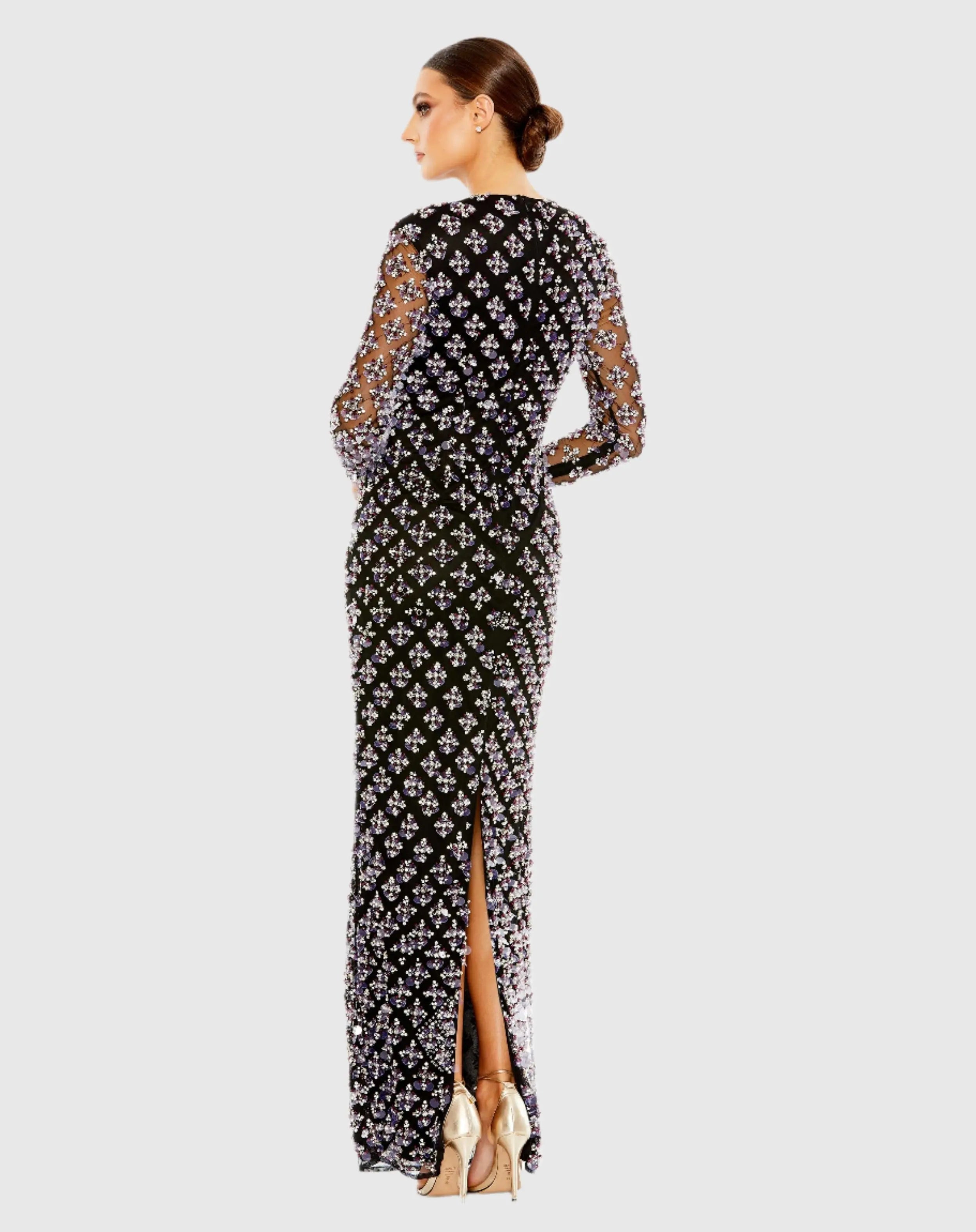 Black Long Sleeve Hand Beaded Crystal Rhinestone Gown - FINAL SALE