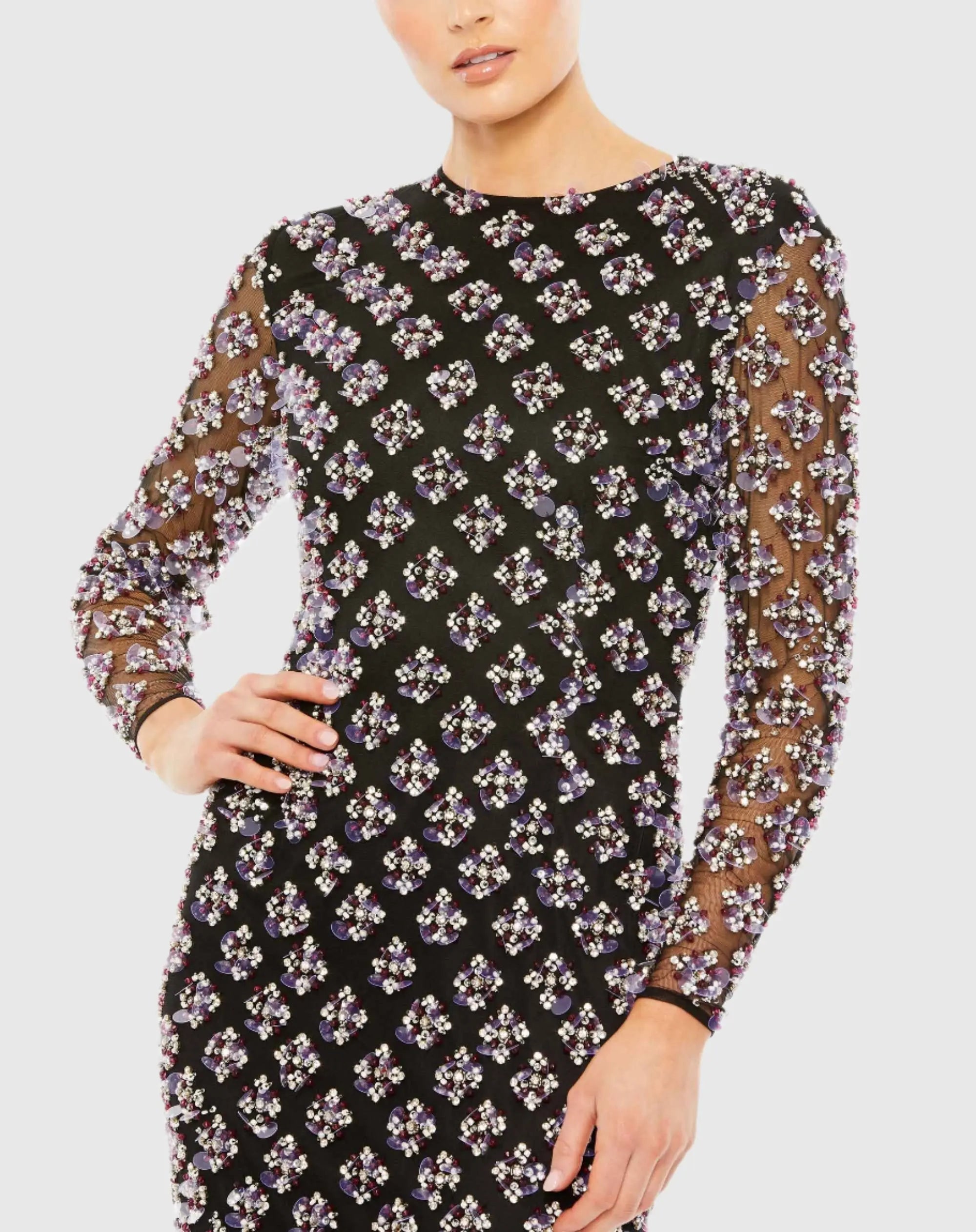 Black Long Sleeve Hand Beaded Crystal Rhinestone Gown - FINAL SALE