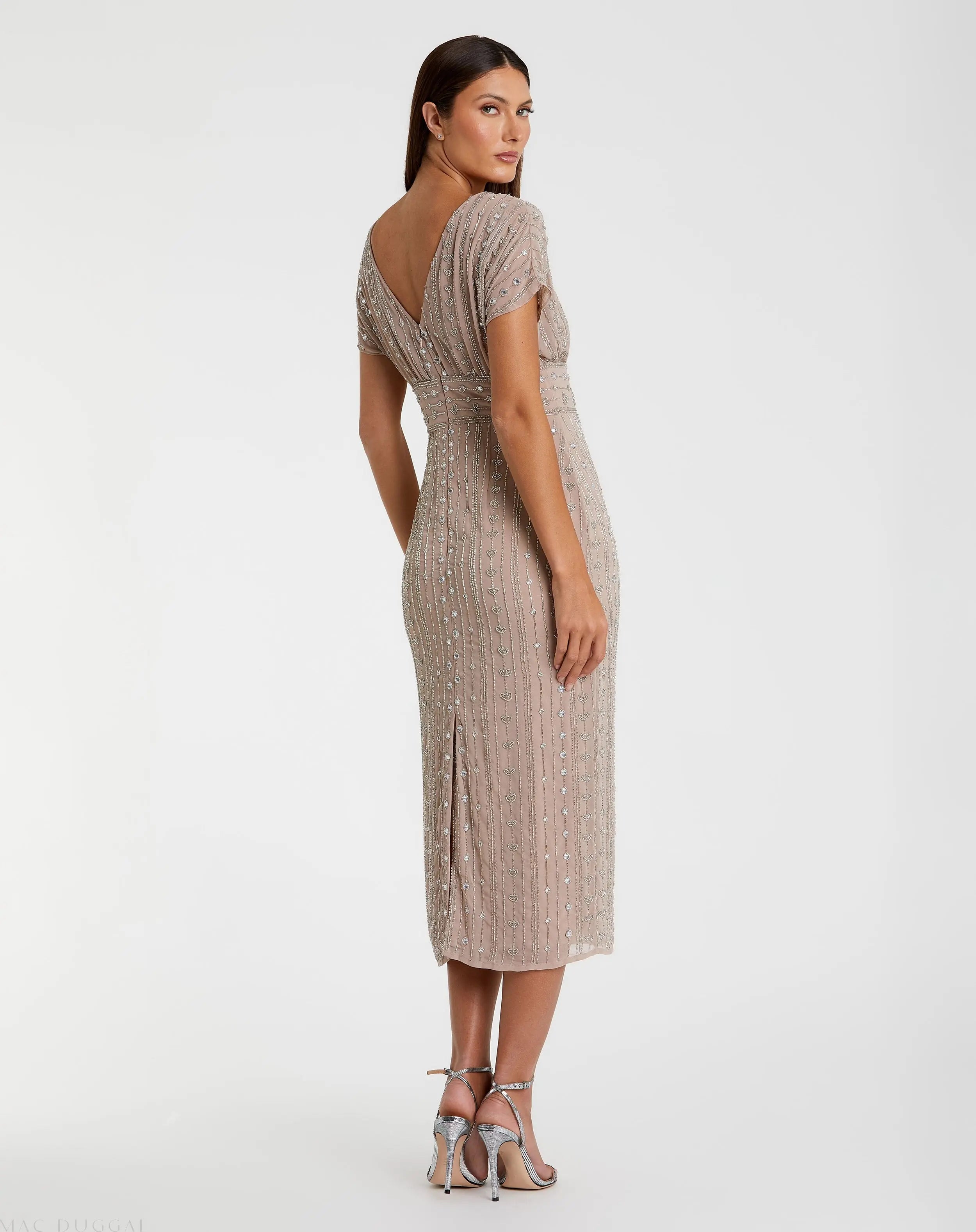 Beige Beaded Cap Sleeve Empire Waist Sheath Midi Dress