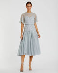 Blue Flutter Sleeve Beaded Tea Length Drop Waist Dress - FINAL SALE