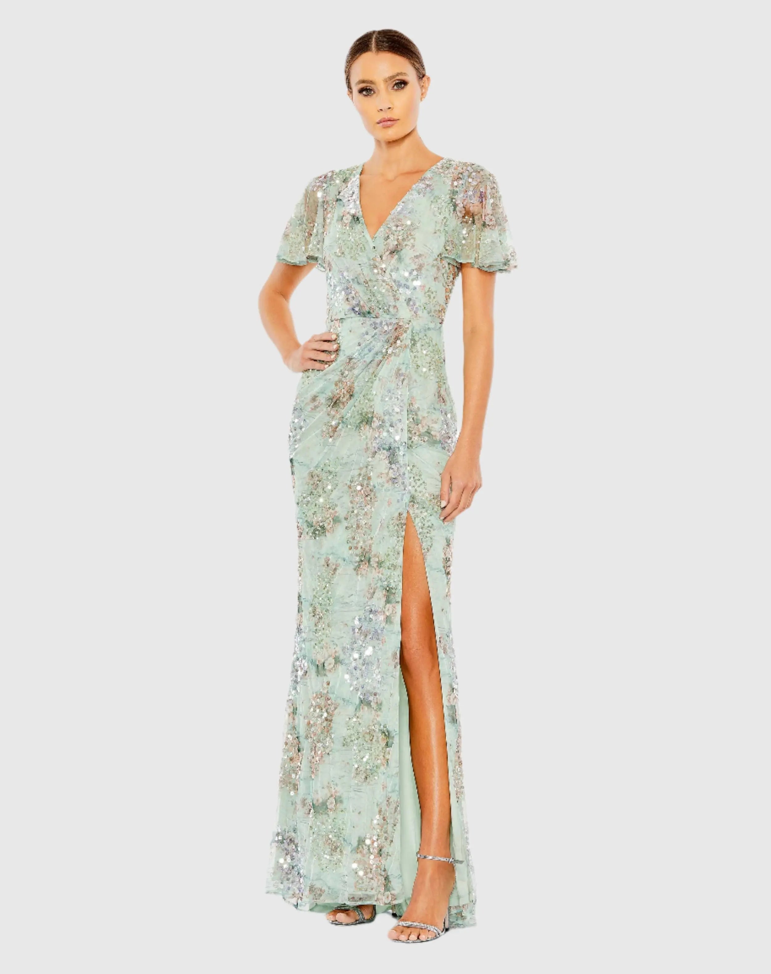 Green Flutter Sleeve Embellished Evening Gown