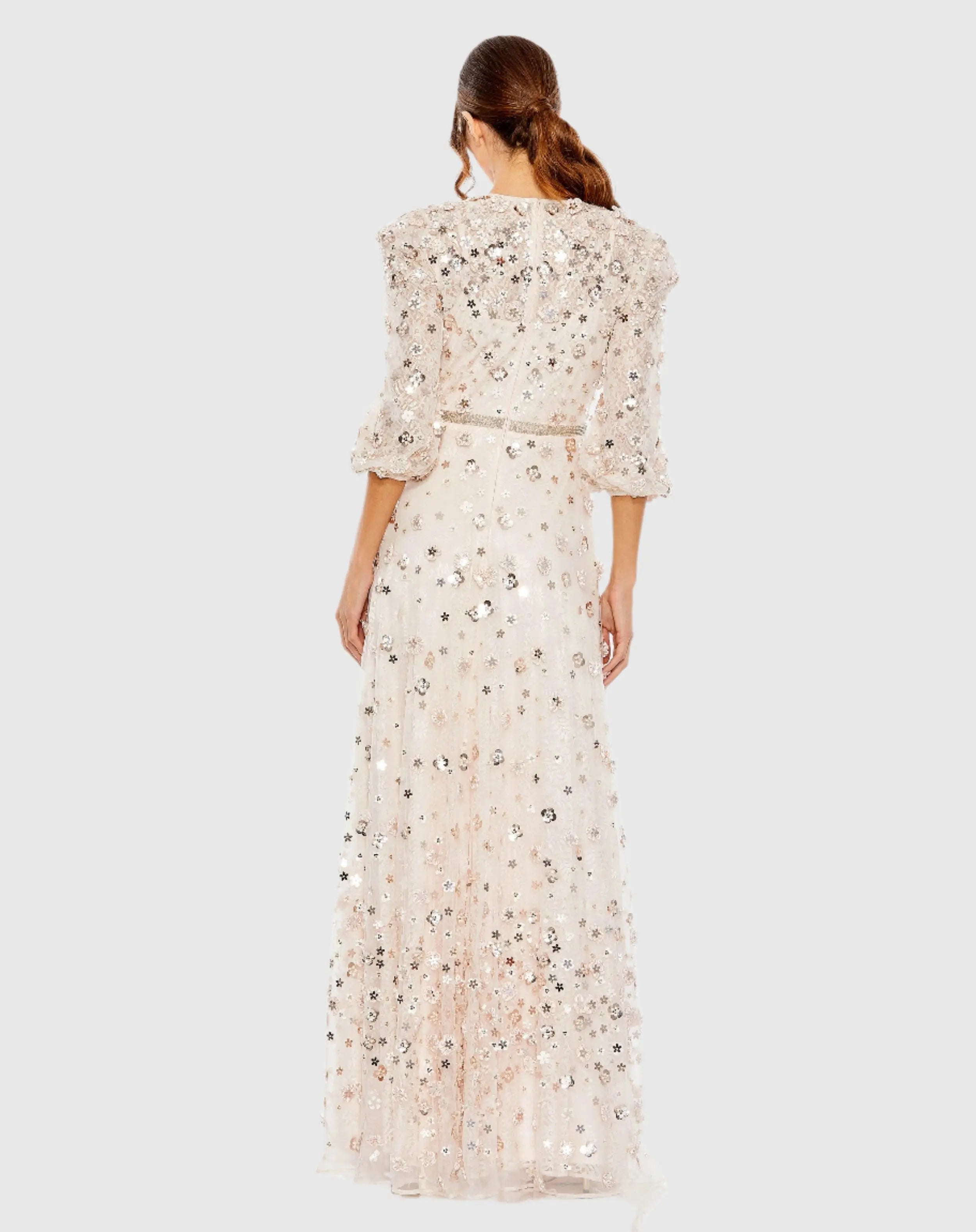 Pink Floral Applique Puff Sleeve High Neck A-Line Gown