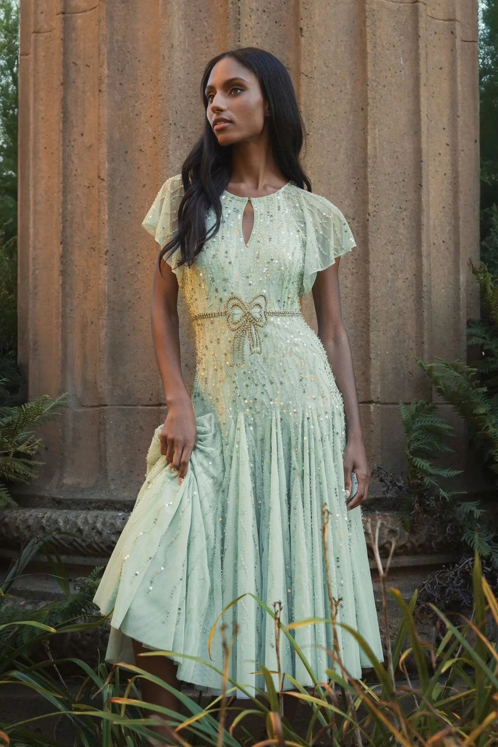 Green Embellished Bow Flutter Sleeve A Line Midi Dress