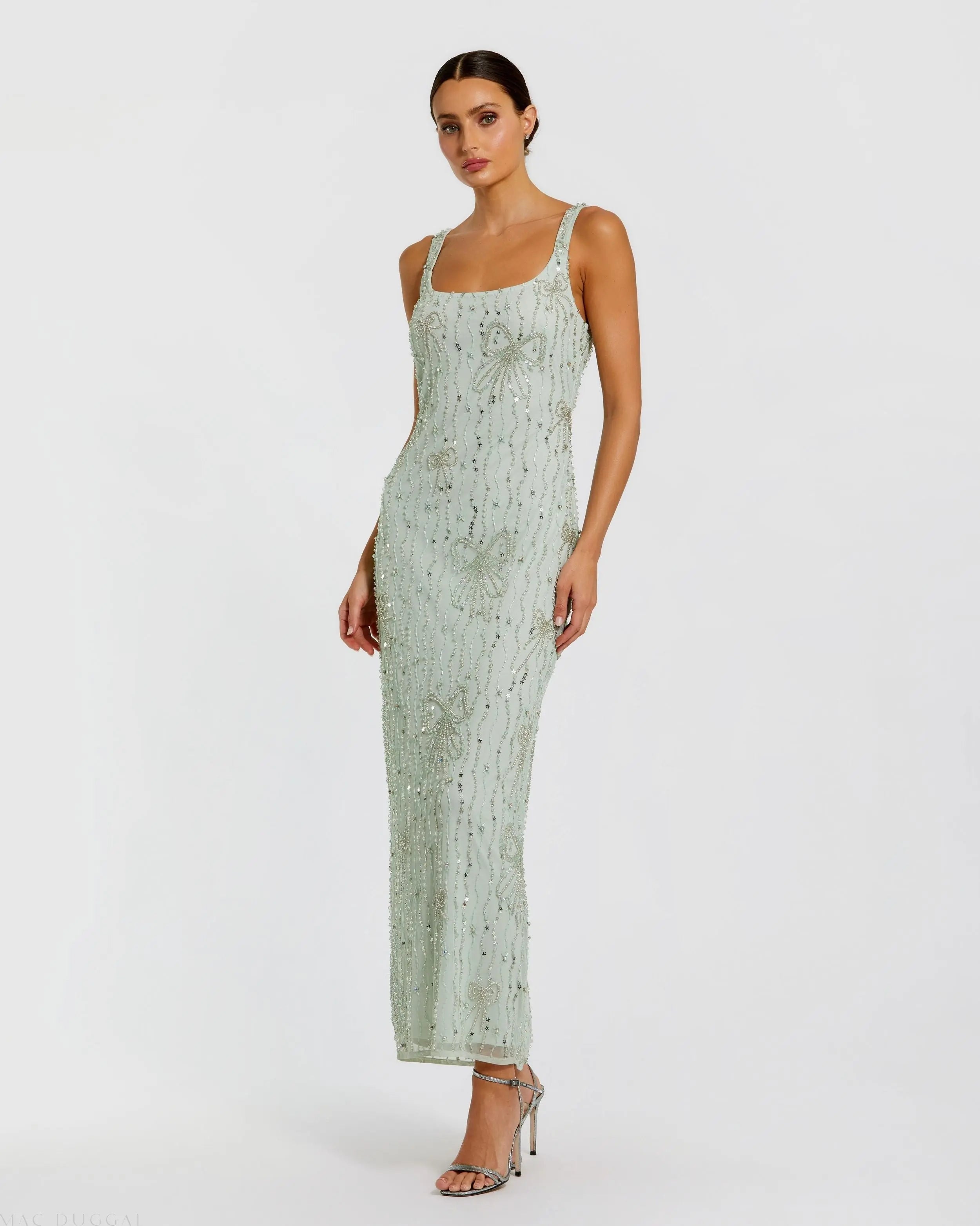 Green Scoop Neck Embellished Dress With Bow Detail