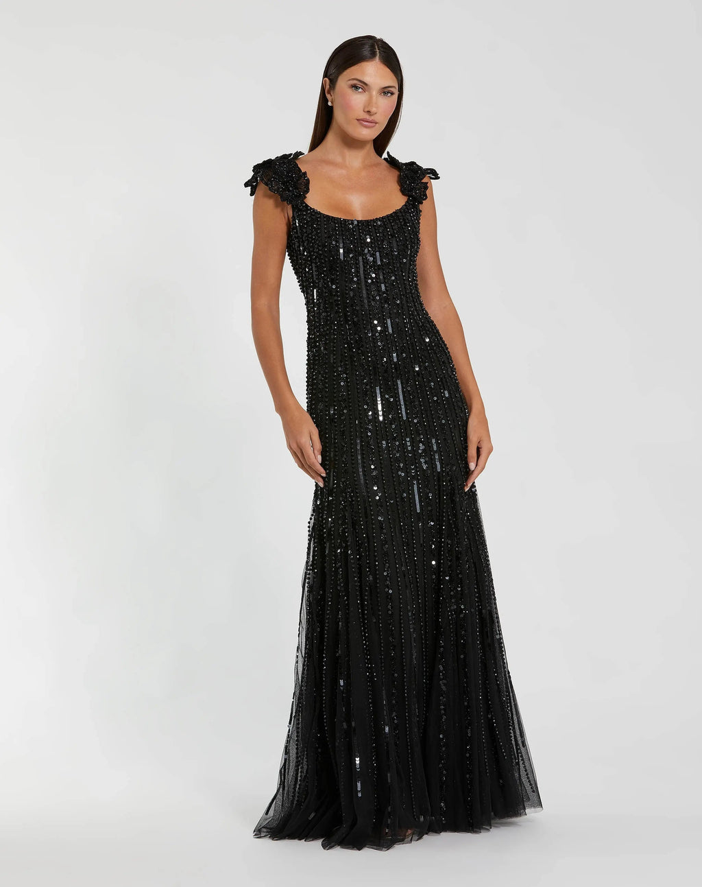 Sleeveless Mesh Gown With Floral Shoulder Detail