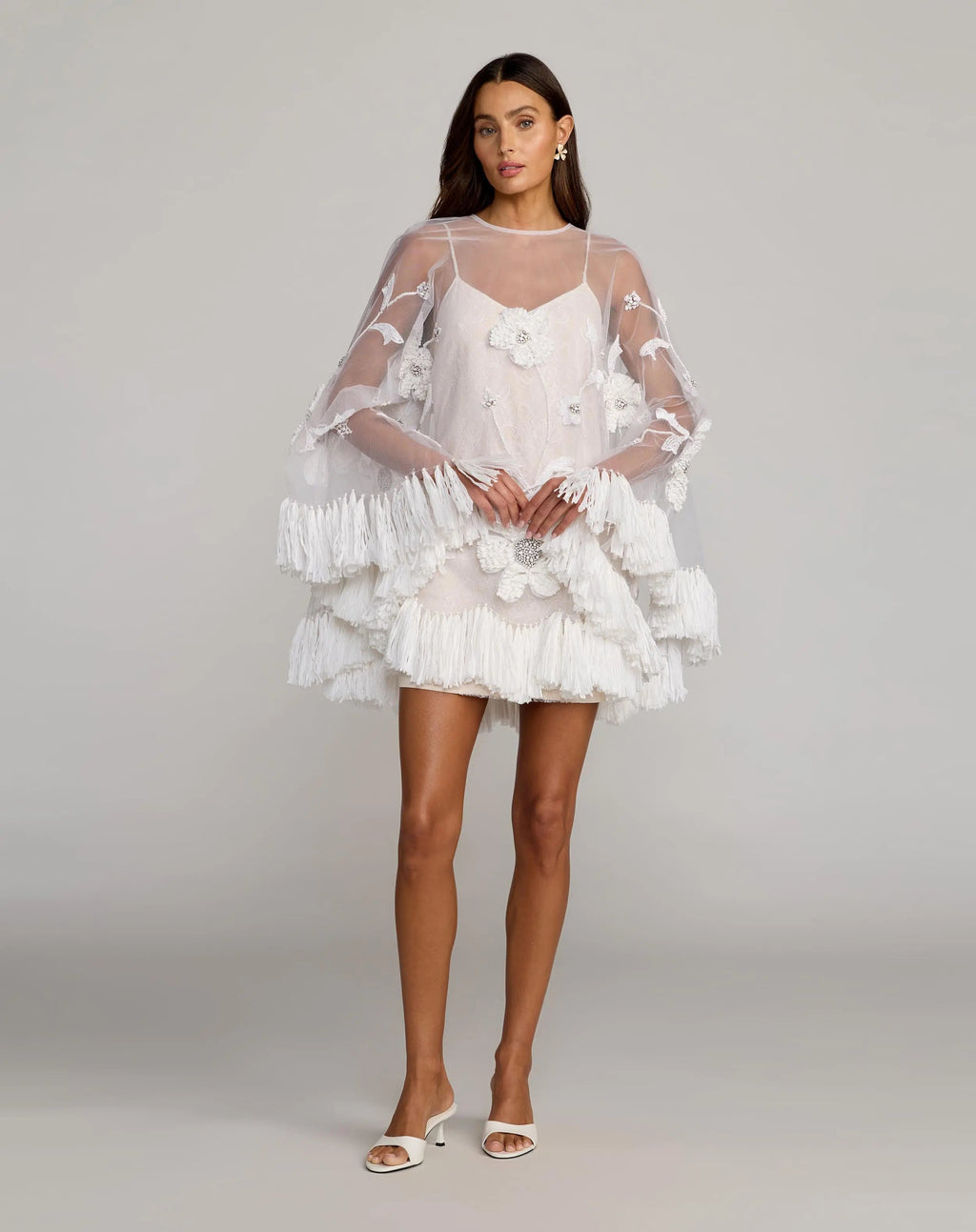 White Embellished Trapeze Mini Dress With Fringe Hem