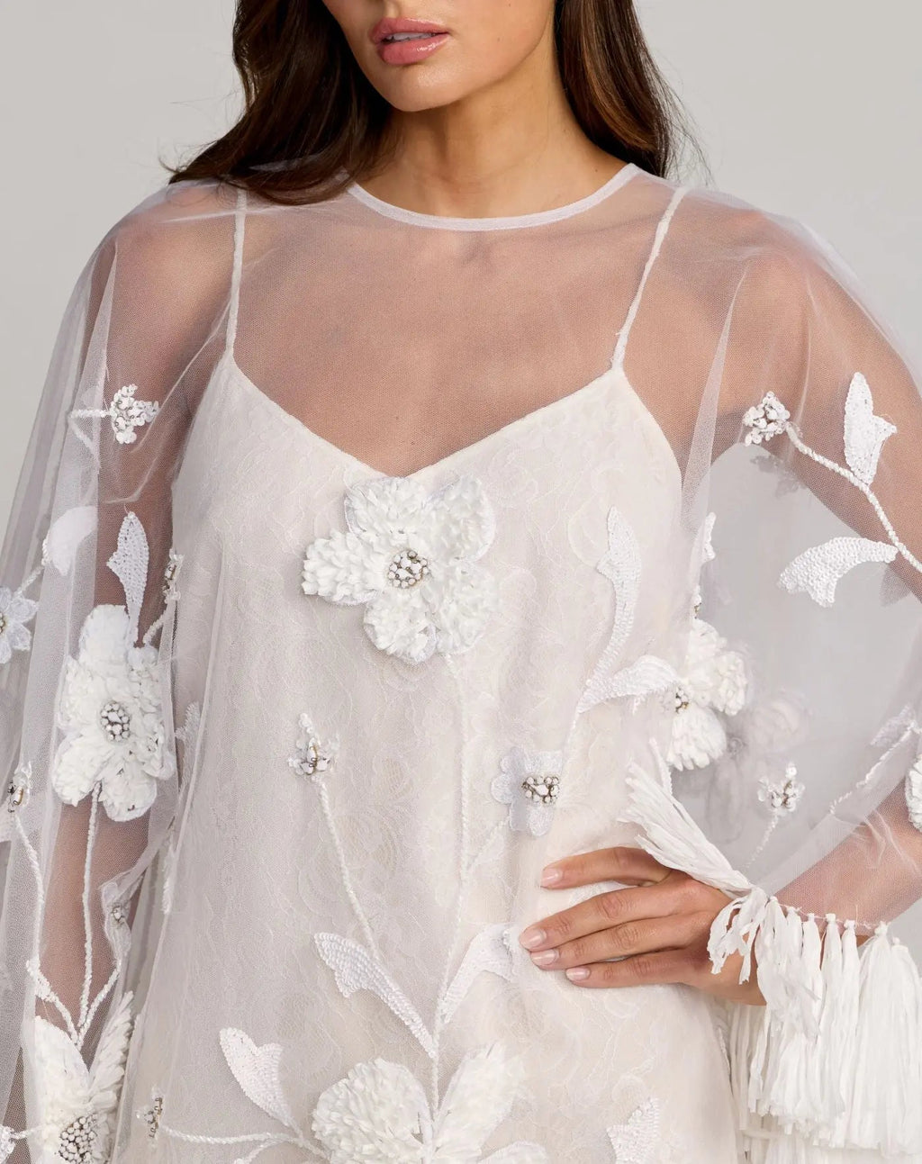 White Embellished Trapeze Mini Dress With Fringe Hem