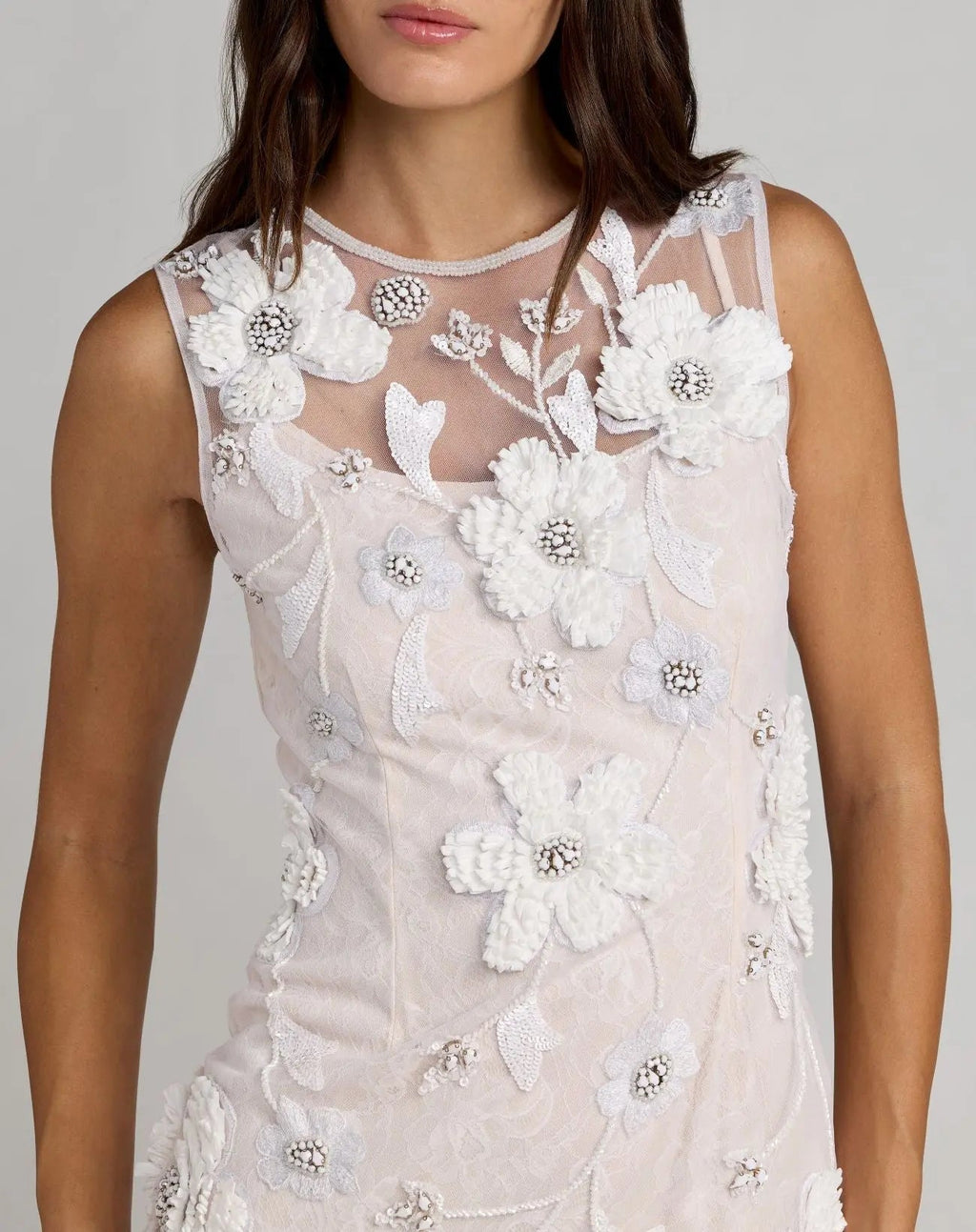 White Sleeveless Embellished Lace Column Dress