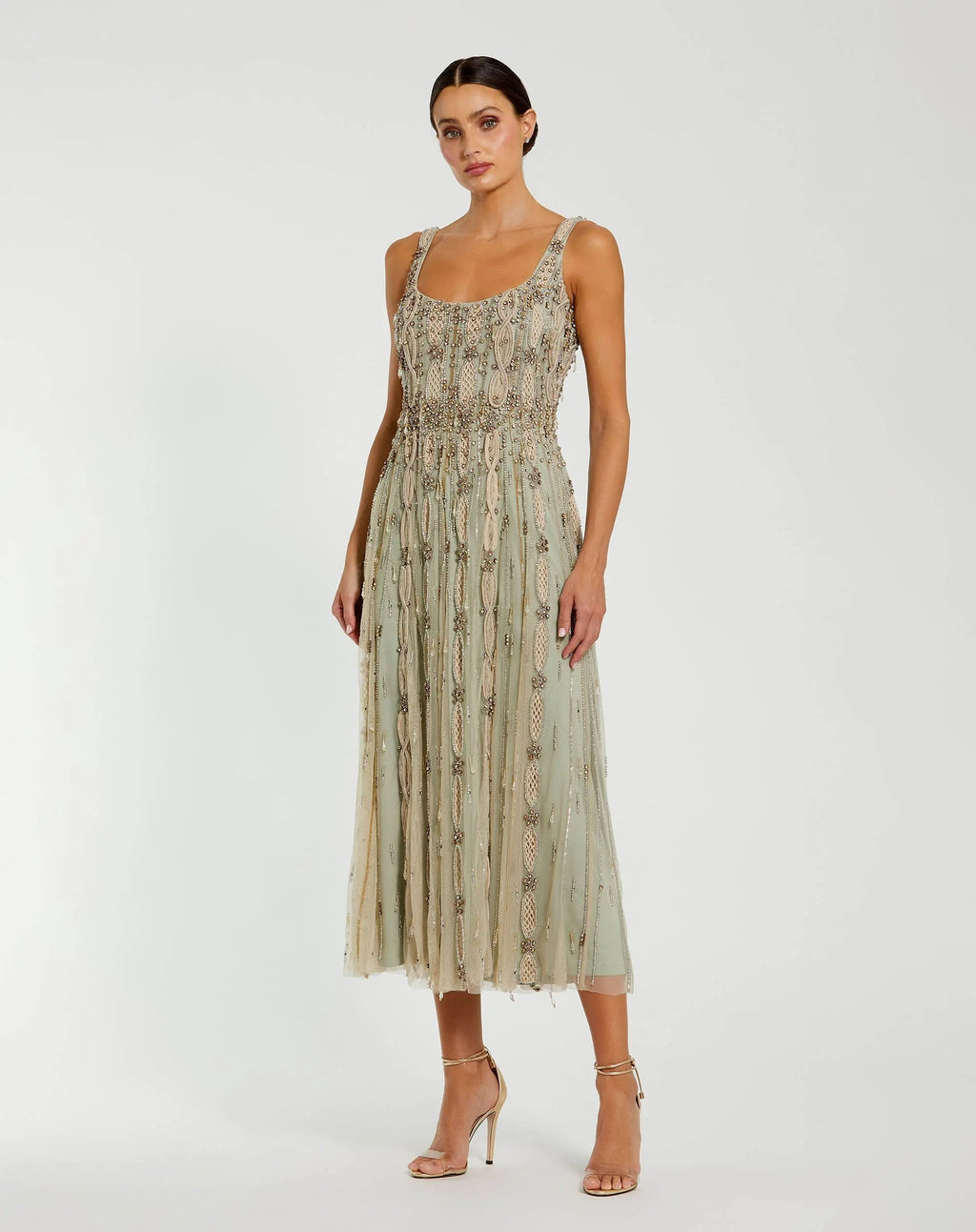 Petite Green Sleeveless Scoop Neck Embellished Midi Dress