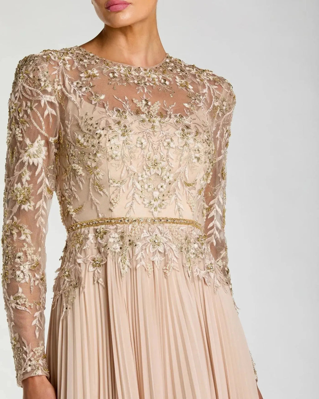 Petite Beige Long Sleeve Chiffon Embellished Gown