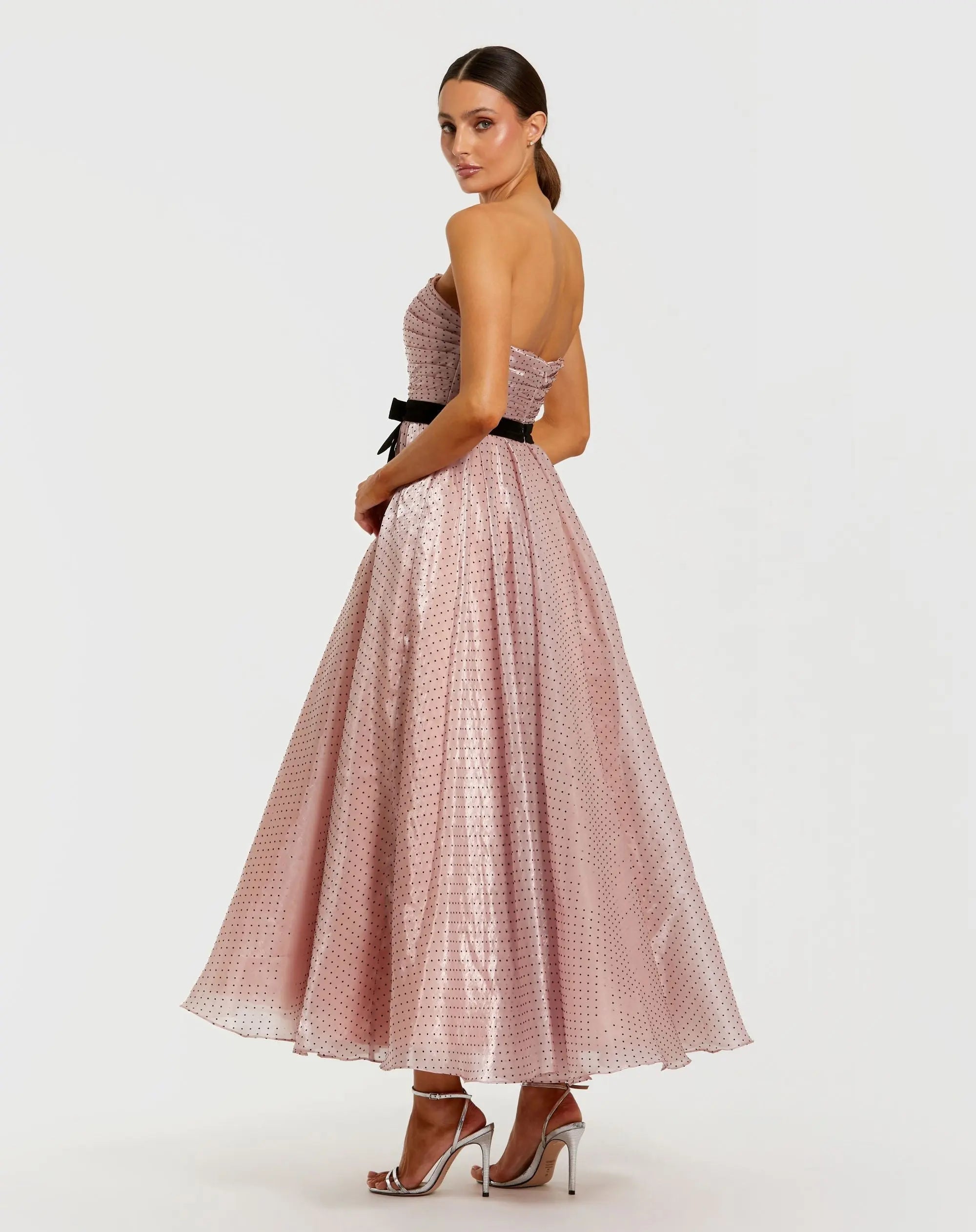 Petite Pink Polka Dot Organza Strapless Dress With Bow