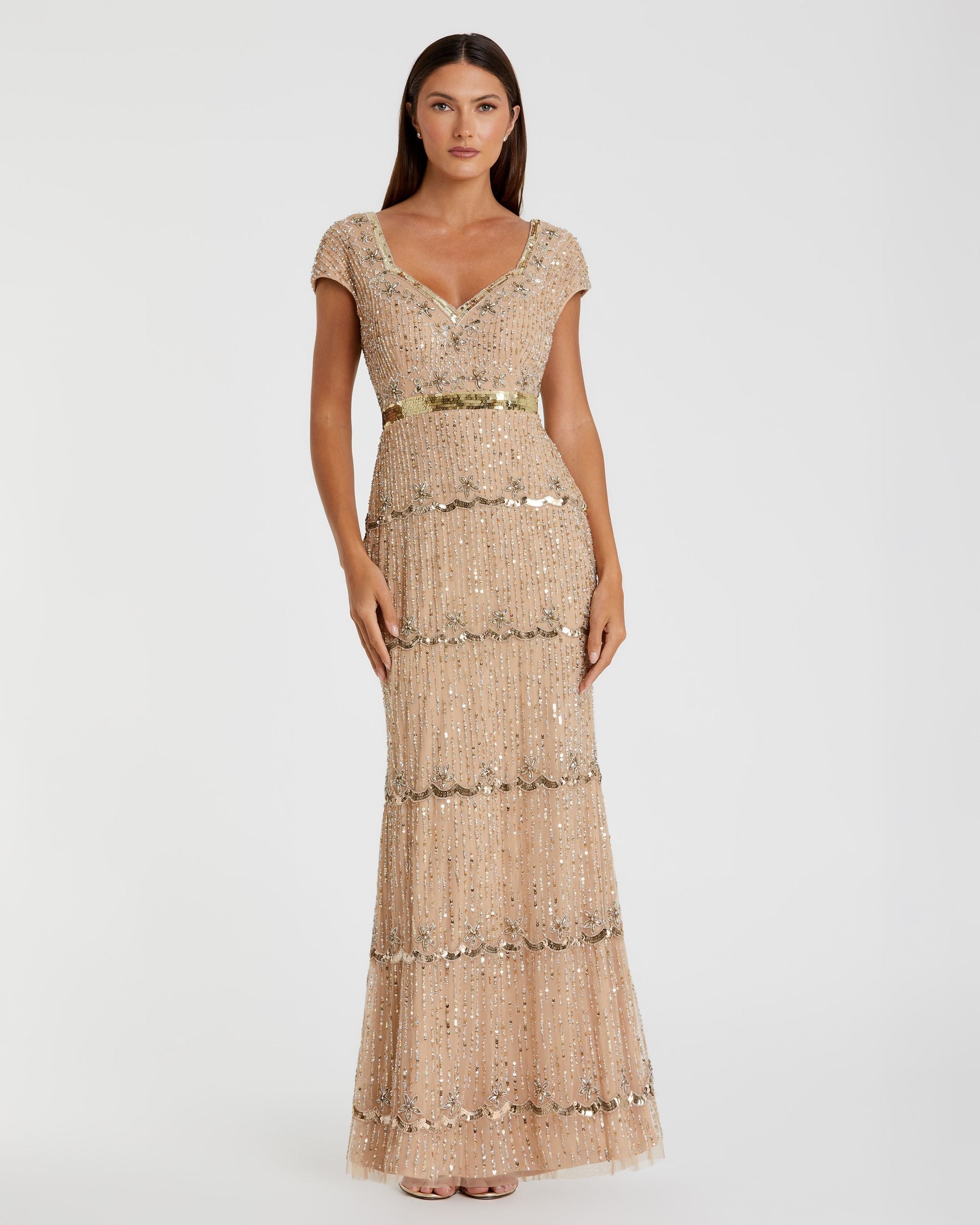 Petite Gold Sequin Cap Sleeve Sweetheart Column Gown
