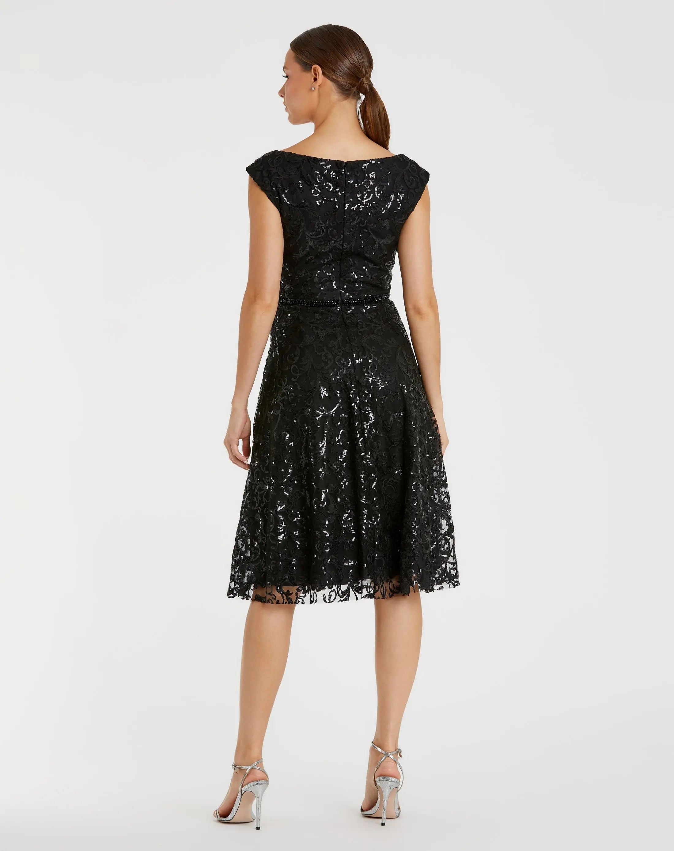 Black V Neck Cap Sleeve Sequin Dress