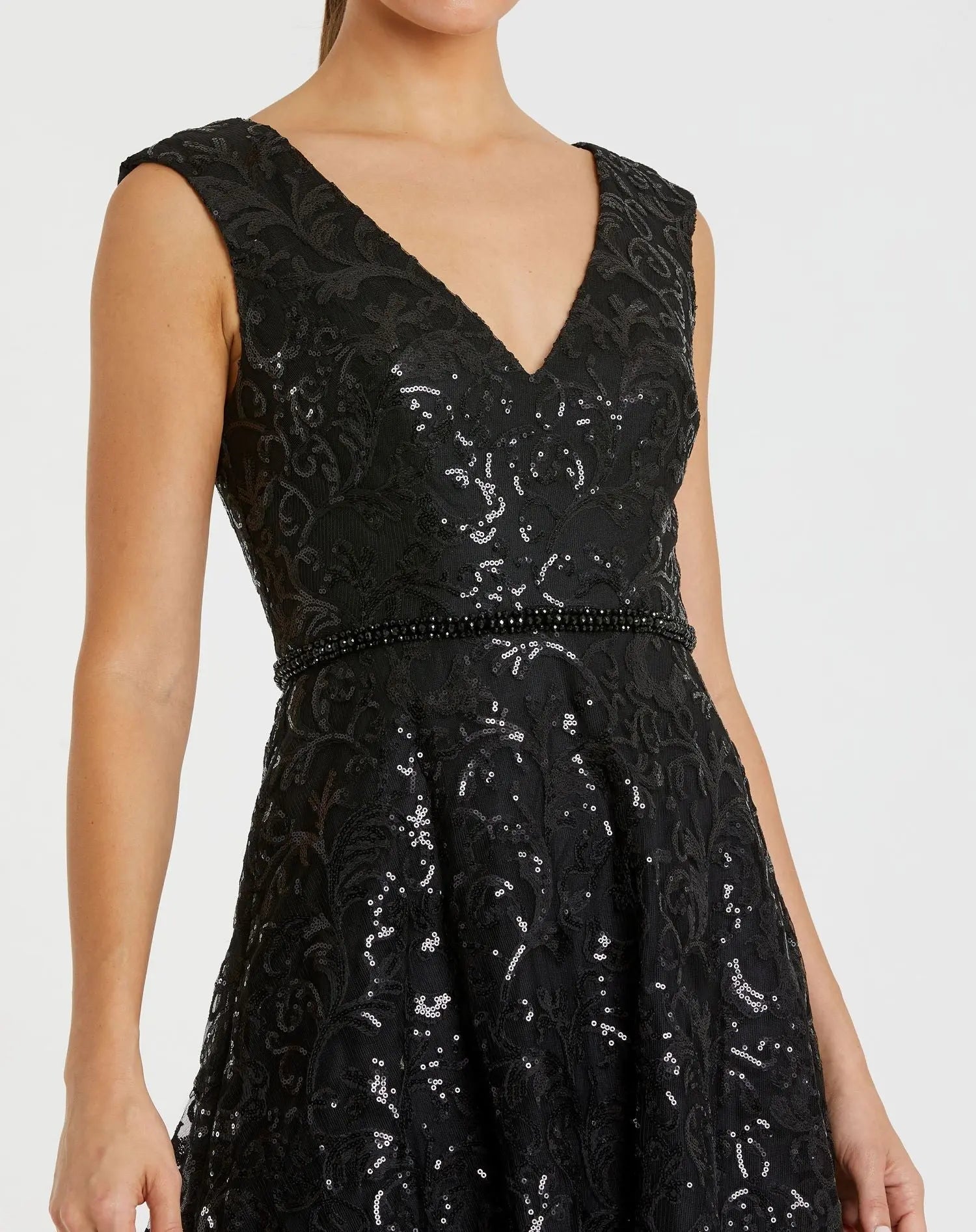 Black V Neck Cap Sleeve Sequin Dress